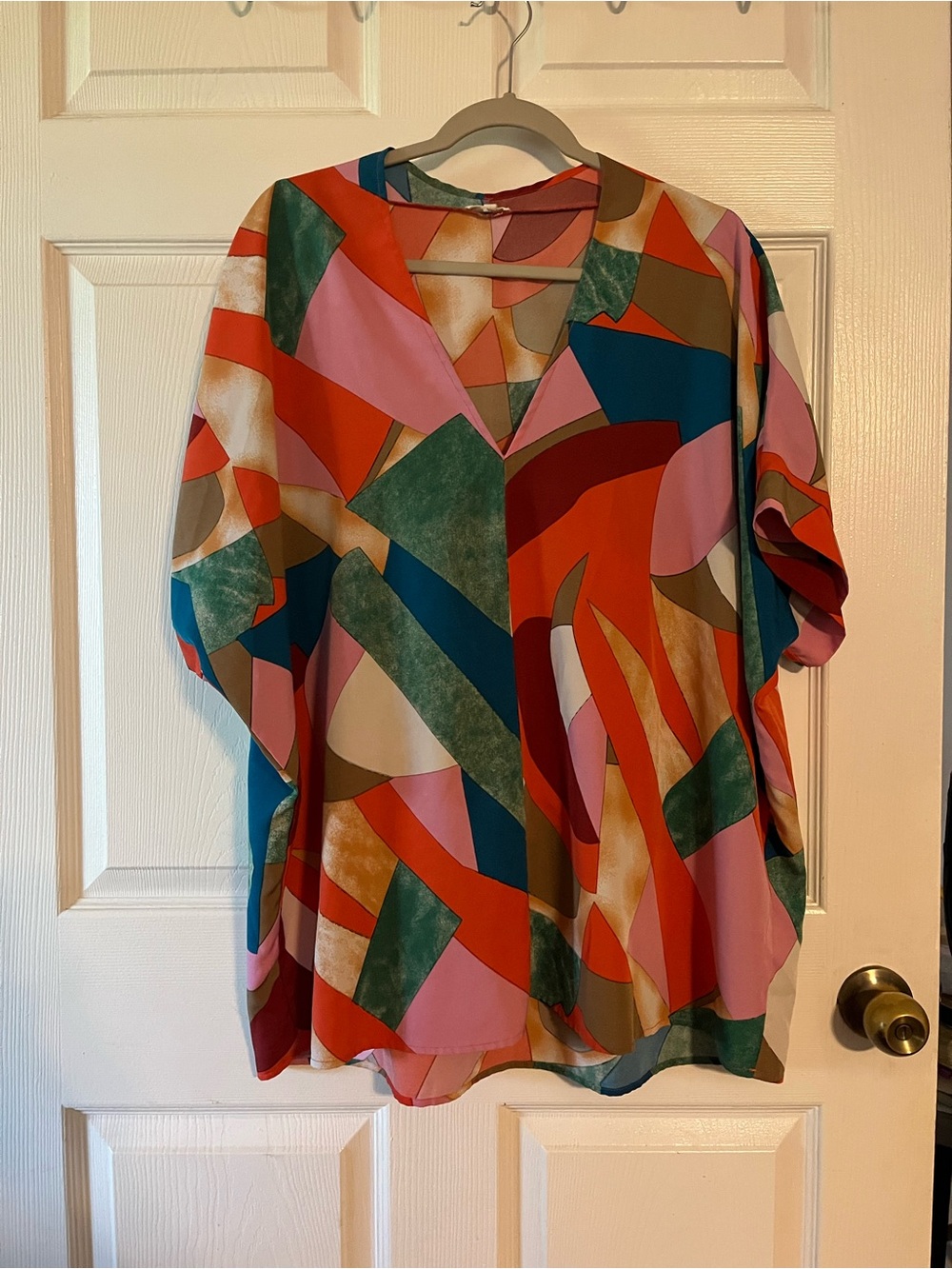 JODIFL Multicolor Abstract V-Neck Tunic — Pink, Red, Teal, Green & Cream